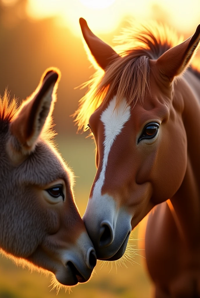 Close-up of a horse looking sympathetically at a donkey. The horse is clearly visible in the sunlight, with a bright background that reflects majesty and beauty.