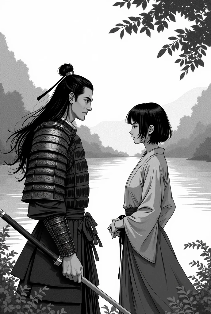 Create a black and white Japanese manga style male character, with long hair, samurai armor without helmet, talking to a girl with short hair at a lake