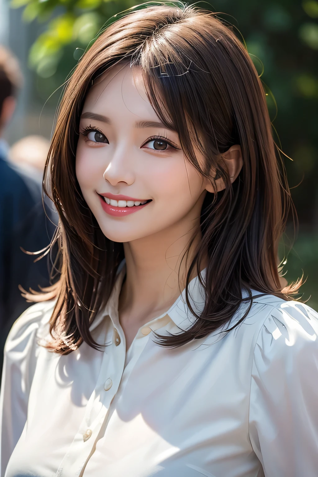 ((masterpiece)), ((Highest quality)), ((Complex)), ((Surreal)), (Realistic), (Mature Woman), ((There are no classes)), Very detailed, (1 female), Beautiful and exquisite, (Beautiful Teeth), Grin, Brunette bob hair, Brown eyes, ((blouse)), (Upper Body), ((background:none)), Perfect Eyes, Captivating eyes, Looking at the audience