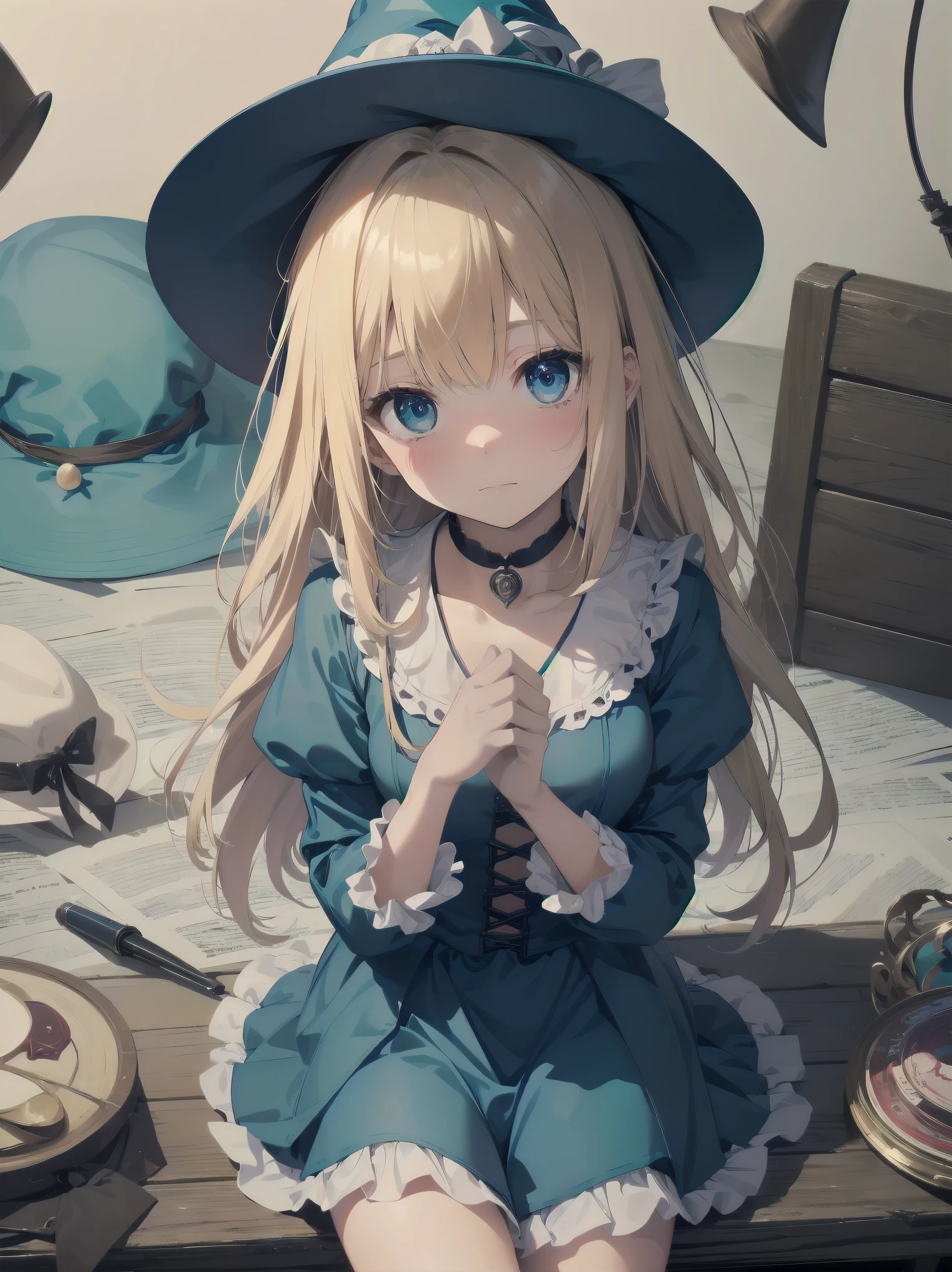 🎶, (🧙‍♀️), ✡, ✨(hat), , Alice in Wonderland, Alone, very beautiful, cute, adorable, embarrassed, alone, blue eyes, look at viewer, looking up, kawaii tech, pastel colors, kawaii, cute colors, Alice in Wonderland, alone, very beautiful, cute, adorable, embarrassed, alone, blue eyes