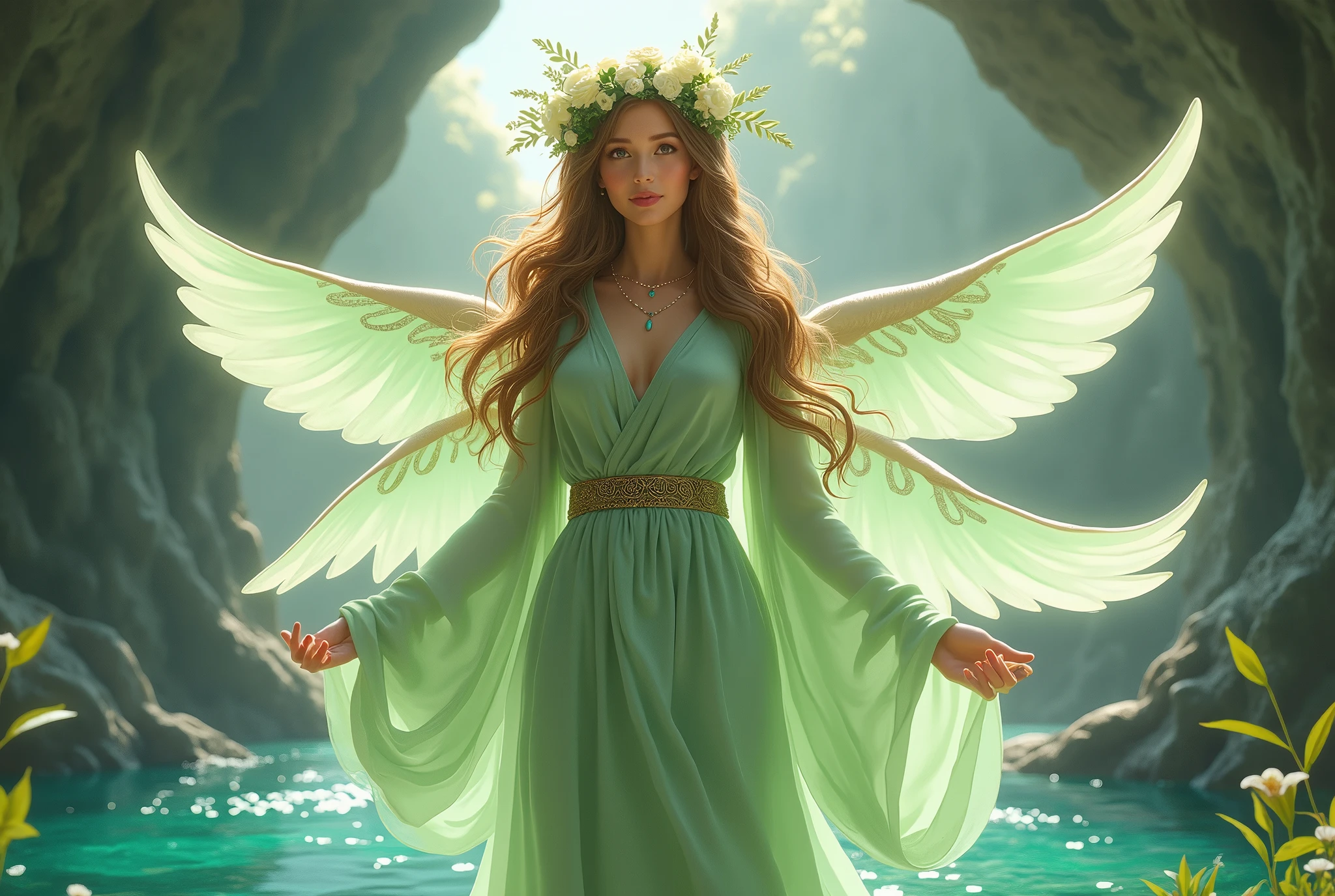 A delicate depiction of the Goddess of Wishing Falls from The Legend of Zelda、In the background, he is standing by a lake in a cave.、A gentle smiling face、Long brown hair、Wearing a light green cloth、Large pale green wings on its back、Floral ornament on the head、