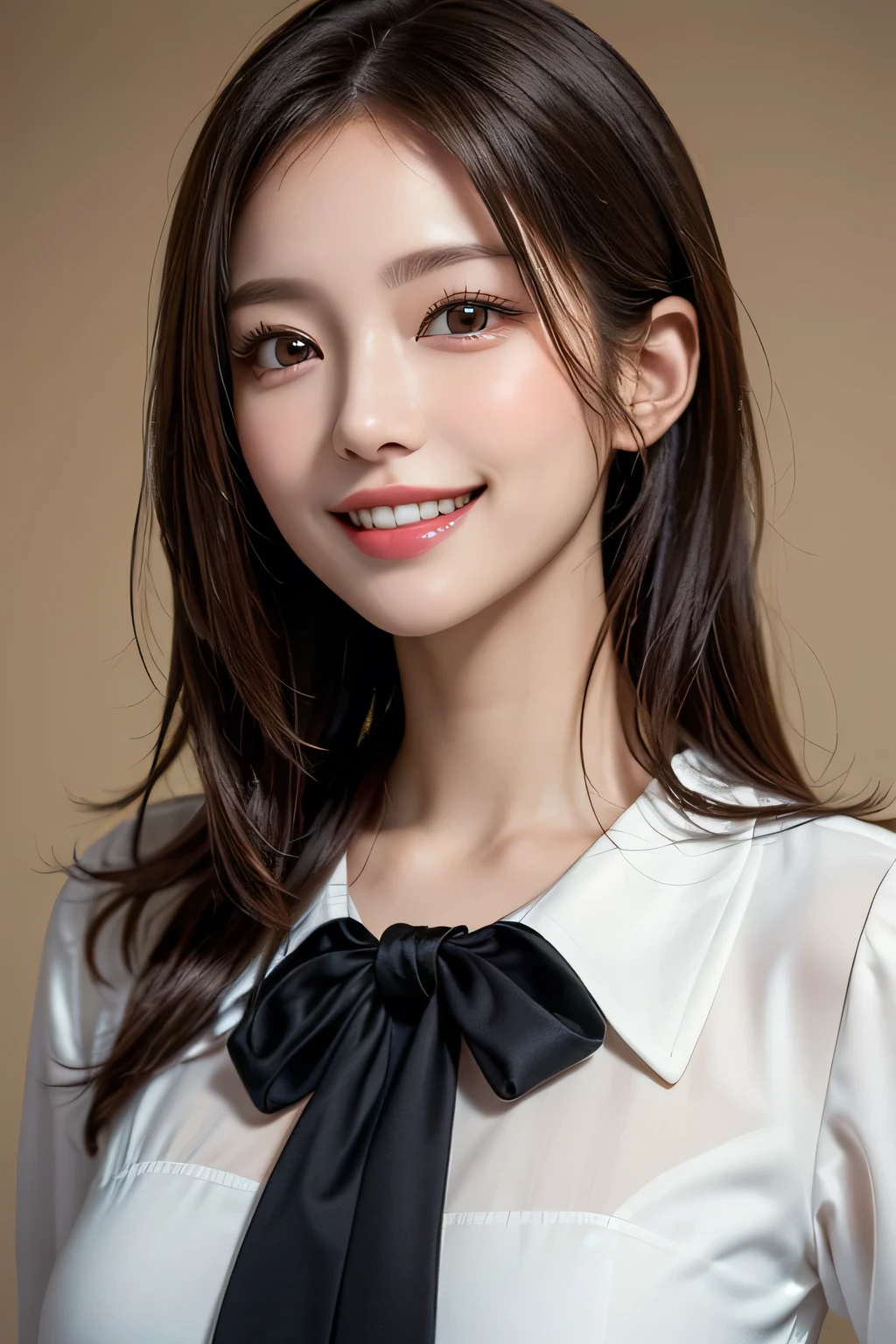 ((masterpiece)), ((Highest quality)), ((Complex)), ((Surreal)), (Realistic), (Mature Woman), ((There are no classes)), Very detailed, (1 female), Beautiful and exquisite, (Beautiful Teeth), Grin, Brunette bob hair, Brown eyes, ((blouse)), (Upper Body), ((background:none)), Perfect Eyes, Captivating eyes, Looking at the audience