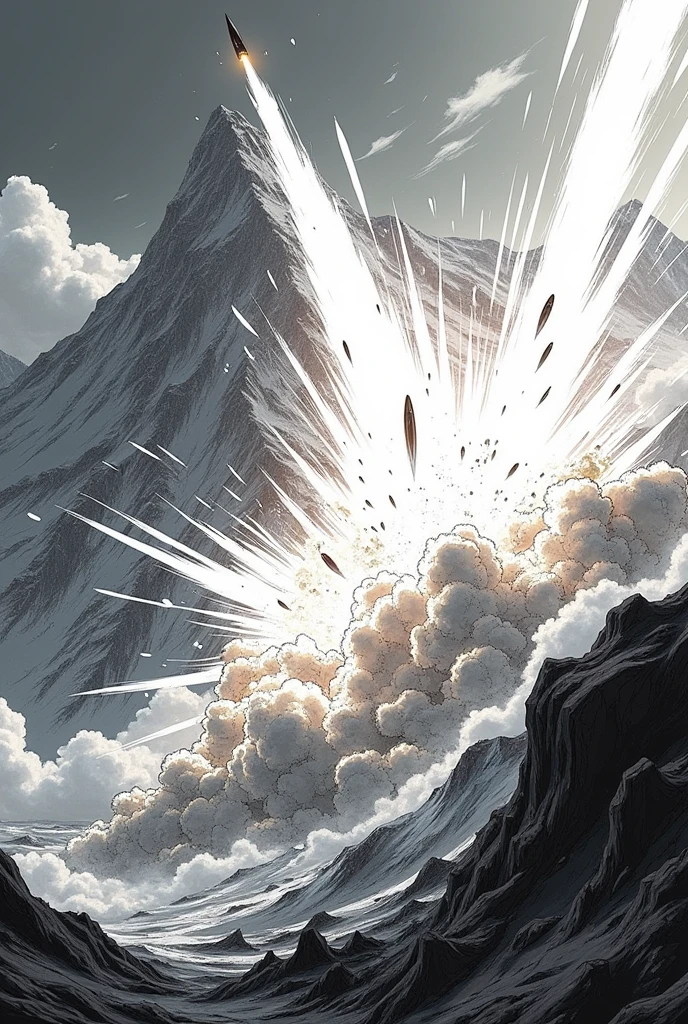 a mountain being hit by a missile at very high speed, with a large explosion (manga art style) (hand drawn)