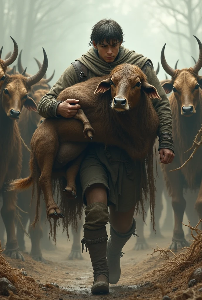 Please create a character with straight hair, eyes, and torn clothes as if he were fighting., carrying another brown haired male character who is dead on his back, and they are surrounded by creatures that look like dried cows creatures