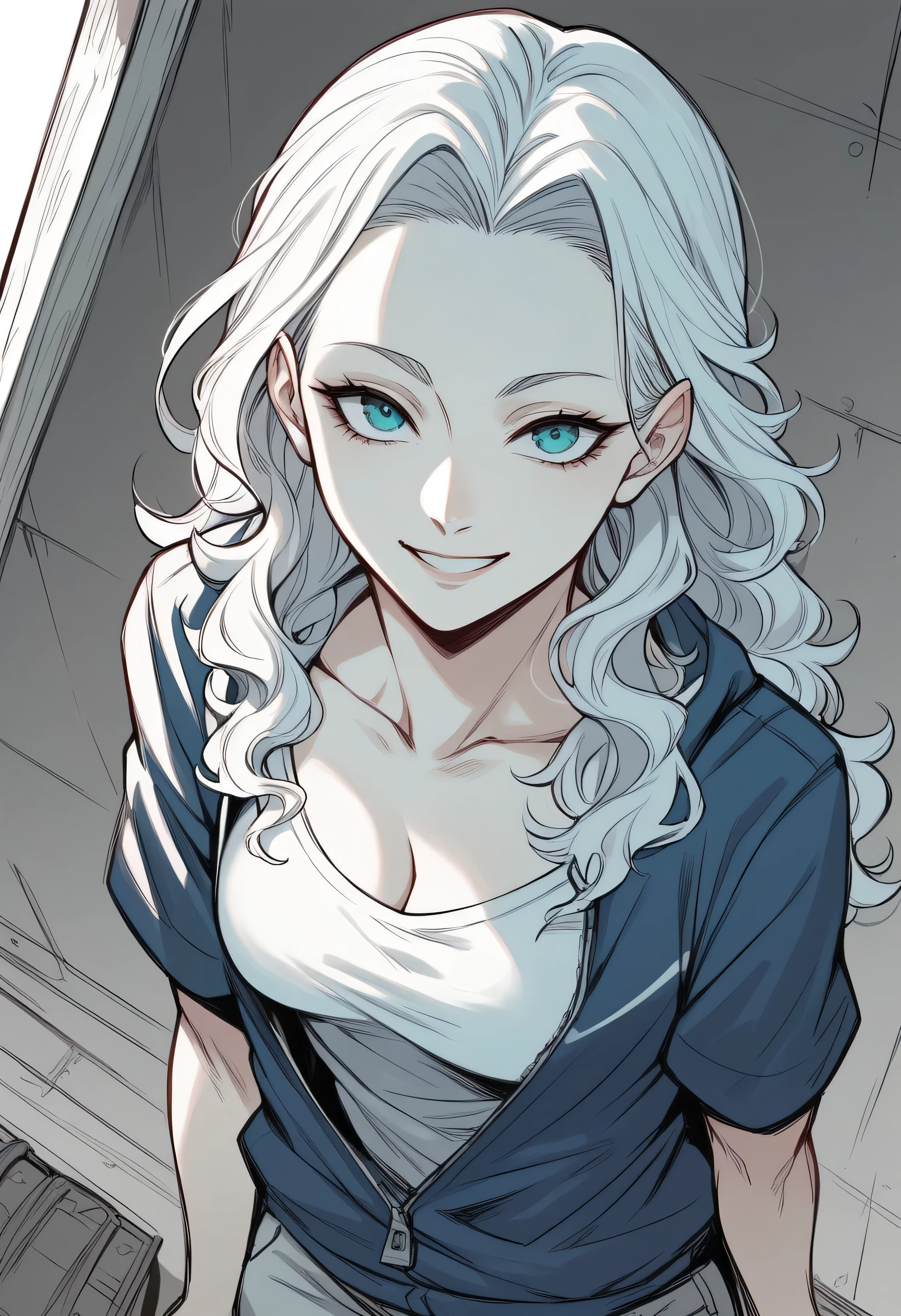 (4k Image) high angle, minimaliste, 1 Beautiful woman, curly long hair slicked white hair, blue turquoise eyes, background city (unfocused), simple smile, manga lineart (with colors), (just face and chest photo), (centered image), athletic body, streetwear clothings , sketch