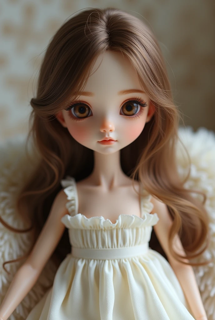 A white doll, lively,thin with light brown eyes, straight brown hair, long eyelashes