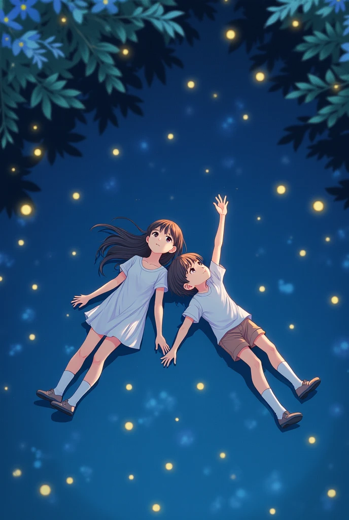 Girl and boy, lie on the water, the stars are reflected in the water, glowing fireflies fly nearby, girl reaches her hand to the sky, anime style, view from above