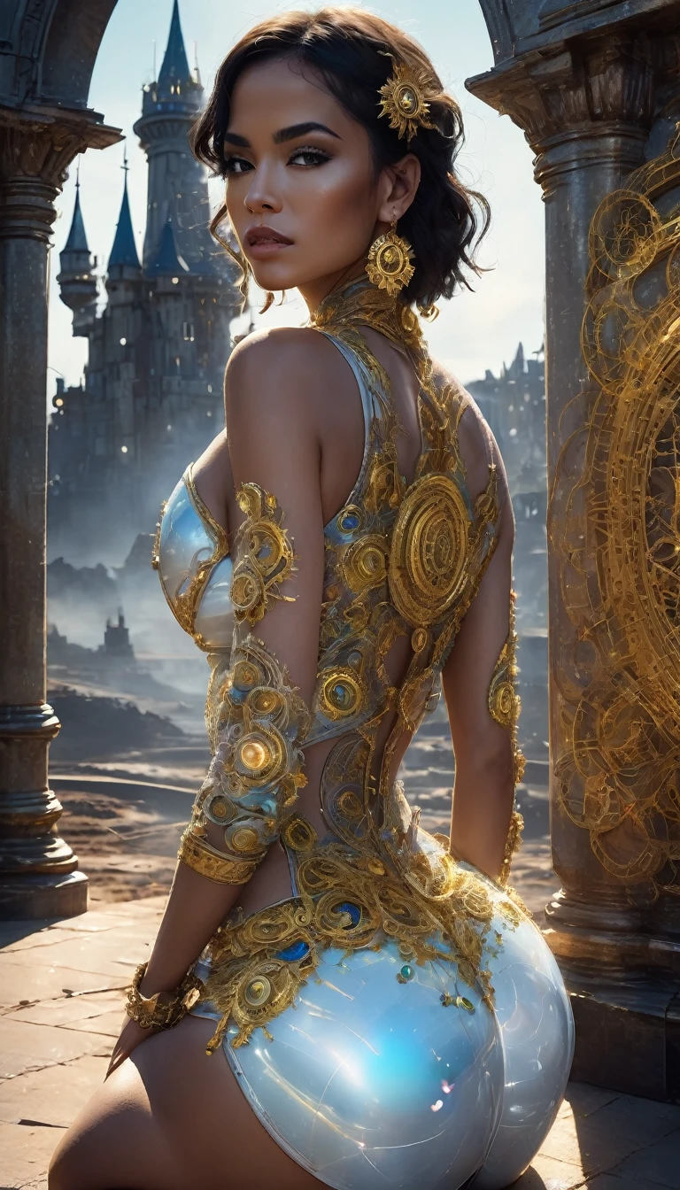 In the style of Clockpunk fusion, which is a combination of intricate clockwork mechanisms and the ornate aesthetics of the Renaissance era, a beautiful young woman kneels is on all fours, looking back at the viewer. In the Distance, a futuristic castle intersects the view of a vibrant cosmic galaxy in a starry sky. Gears, cogs, and intricate machinery interwoven with rich fabrics, elaborate patterns, and opulent details define the aesthetic of the image. The slightly post-apocalyptic scene has very dim lighting, and includes intricate patterns and motifs reminiscent of classical art. The magical cosmic view behind her is filled with the vibrant colors of space,the universe,and planets. The futuristic castle between her and the celestial display is illuminated brightly, showing off its futuristic architecture. Adult film actress Daisy Marie is bebeautif tanned Latina woman with shoulder-length straight brunette hair. Her face is round and heart shaped with an angular jaw and a shorter face length. She has wide almond-shaped blue eyes that sparkle like sapphires. She is slightly curvaceous with a well-toned body and perfect ass and has very dark skin. She has perfectly drawn hands. Her anatomy is perfect. She is wearing an unbuttoned white silk blouse that shows off her 34dd cleavage, leather miniskirt,black gloves,and black thigh-high boots. Around her neck is a gold necklace with vibrant yellow space gems embedded into it. She has a shiny gold chain around her thighs that have multiple vibrant yellow space gems embedded into it. Around her waist and hips, another gold chain is wrapped. It too is embedded with sparkling yellow space gems. yellow space gems embedded headphones cover her ears. She is on all fours, looking back at the viewer with a seductive look., masterpiece, best quality, highly detailed, official art extremely detailed CG unity 8k wallpaper, 8k resolution, full body, hair stick, jewelry, necklace, hoop earrings, sapphire brooch, Cinematic Lighting,