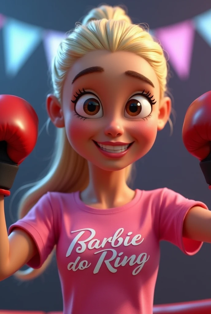 Cartoon character of a Brazilian woman in a pink t-shirt, on her t-shirt it says "BARBIE DO RING", she is wearing black boxing gloves, and her hands are raised because she won the fight, her forehead is a little big. light-skinned animation character, long face, light hair, blonde hair, ponytailed hair, dark brown eyes, small round slightly almond-shaped eyes, thin features, delicate features, cute, gorgeous, smile, stylized character, rendering animation style, stylized 3D, Arnold Maya Rendering, stylized 3D rendering, toon rendering screenshot, 3D character, 3D character, stylized 3D rendering, 3D character rendering, cartoon character, close-up character, pose character, (Pixar style) (master part: 1.2) (bokeh) (best quality) (skin detail) (detailed texture) (8k) (Argilla) (cinematic lighting) (sharp focus)