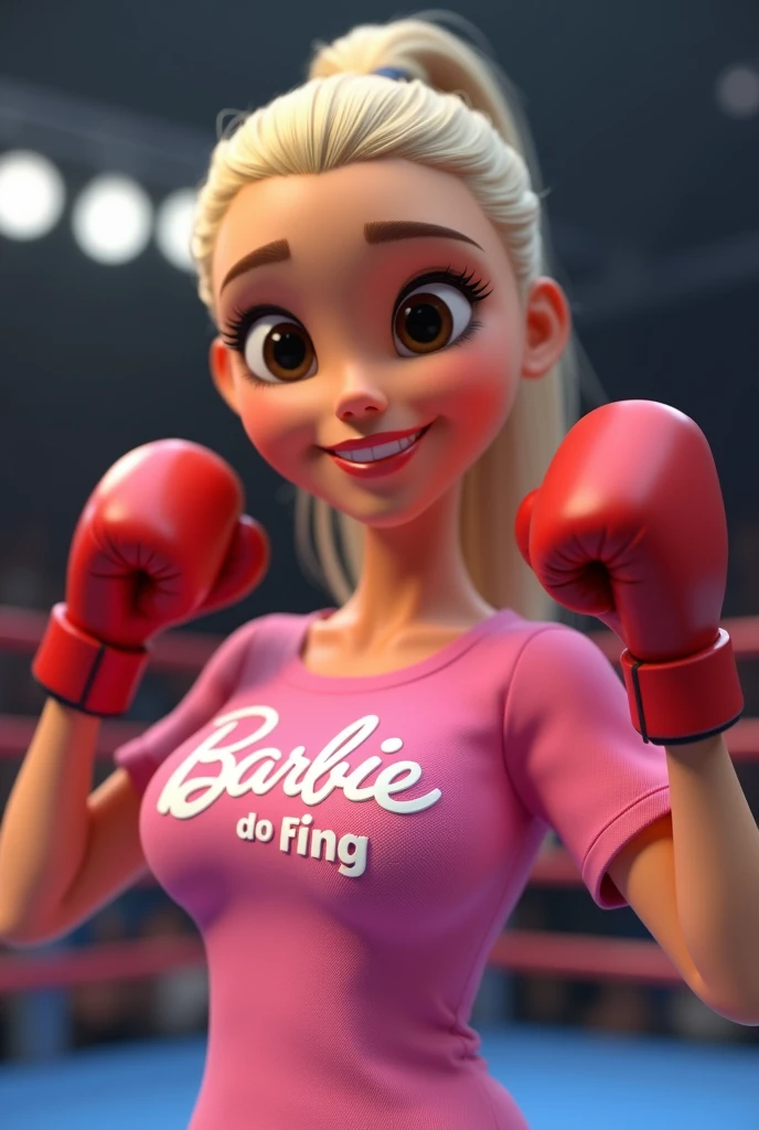 Cartoon character of a Brazilian woman in a pink t-shirt, on her t-shirt it says "BARBIE DO RING", she is wearing black boxing gloves, and her hands are raised because she won the fight, her forehead is a little big. light-skinned animation character, long face, light hair, blonde hair, ponytailed hair, dark brown eyes, small round slightly almond-shaped eyes, thin features, delicate features, cute, gorgeous, smile, stylized character, rendering animation style, stylized 3D, Arnold Maya Rendering, stylized 3D rendering, toon rendering screenshot, 3D character, 3D character, stylized 3D rendering, 3D character rendering, cartoon character, close-up character, pose character, (Pixar style) (master part: 1.2) (bokeh) (best quality) (skin detail) (detailed texture) (8k) (Argilla) (cinematic lighting) (sharp focus)