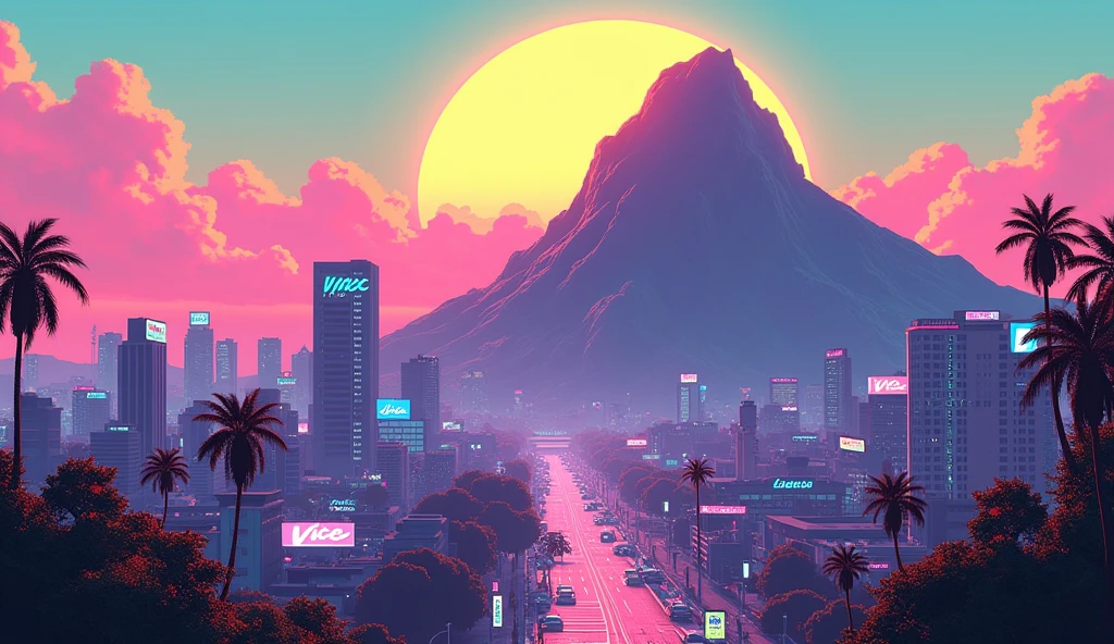 Vice City GTA, pink and blue and yellow sky with a yellow sun, In the background a huge mountain of stone