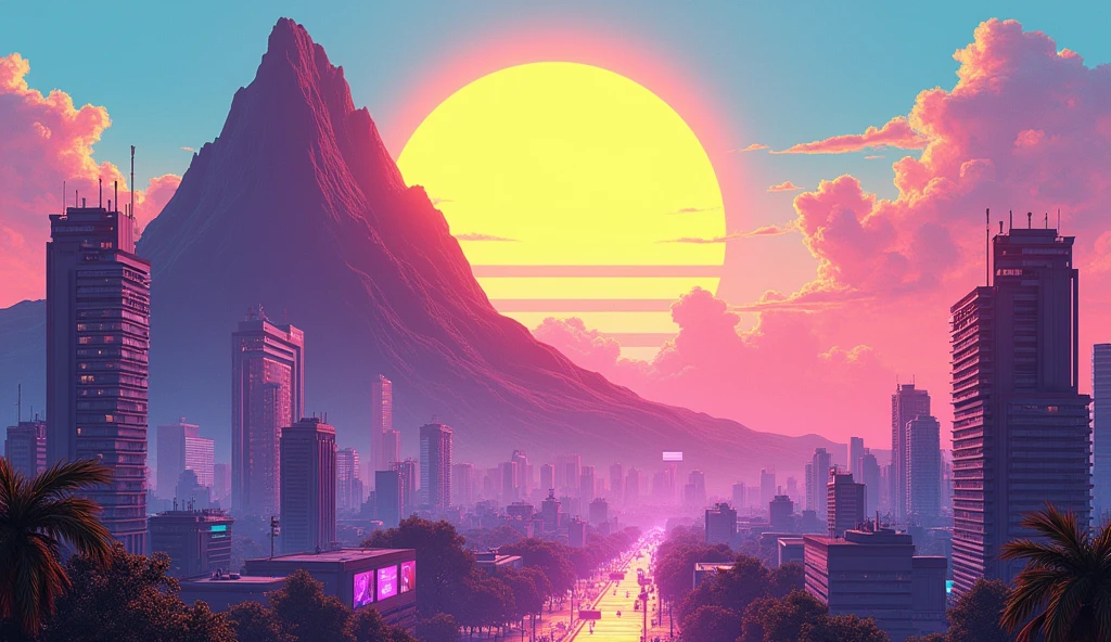 Vice City GTA, pink and blue and yellow sky with a yellow sun, In the background a huge mountain of stone