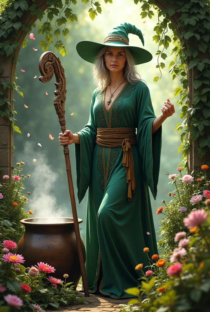 Make me a beautiful herb witch surrounded by plants and herbs of different colors and the cauldron of spells nearby