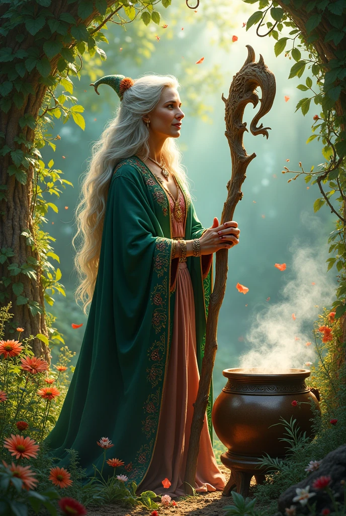 Make me a beautiful herb witch surrounded by plants and herbs of different colors and the cauldron of spells nearby