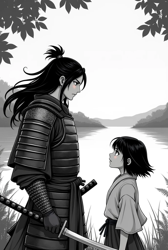 Create a young male character in black and white Japanese manga style, with long hair, samurai armor without helmet, talking to a young girl with short hair at a lake