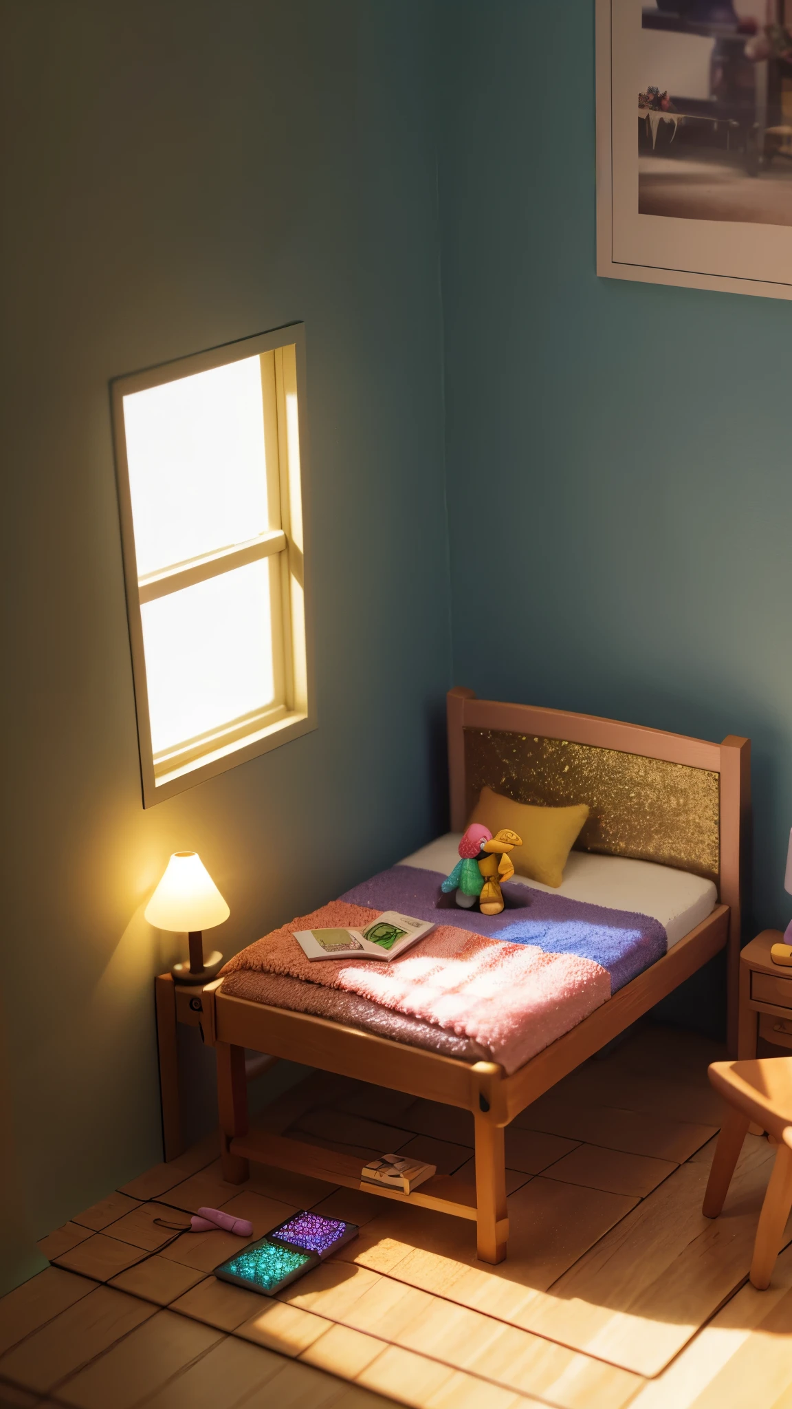 (Pixar Style),Model of a cozy small room, Miniature figure model, Light source from right to left, Lumbrandt Lighting, Light source from right to left, (Isometric projection), (top down), Realistic scale, Post-processing, ((Orthogonal Viewpoint)), Super Detail, Realistic, super Realistic, Realistic render, Rainbow colors, Glitter
