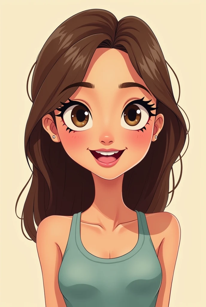 A cartoon white woman, lively,thin with light brown eyes, straight brown hair, long eyelashes