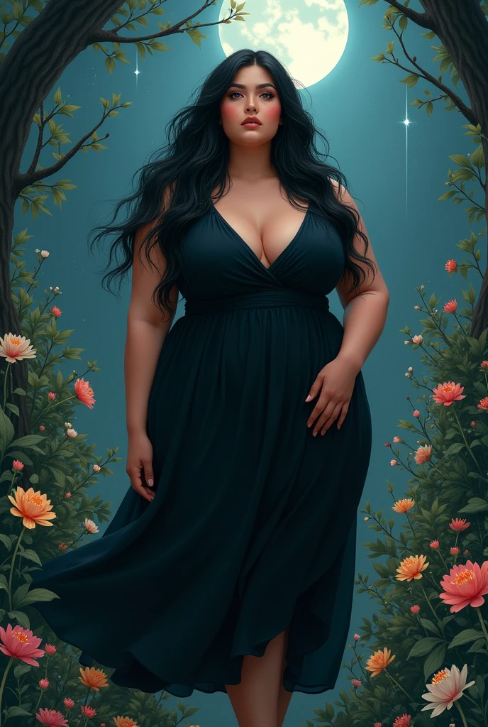 A white plus size woman with light brown dragon eyes, thick eyelashes, long black hair below the waist, slightly wavy, and plump lips wearing a loose black midi dress in a night garden. 