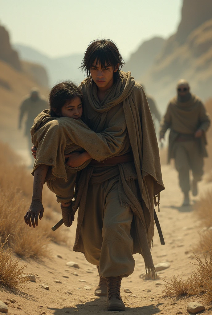 Please create a character with straight hair, eyes, and torn clothes as if he were fighting., carrying another brown haired male character who is dead on his back, and they are surrounded by dry creatures