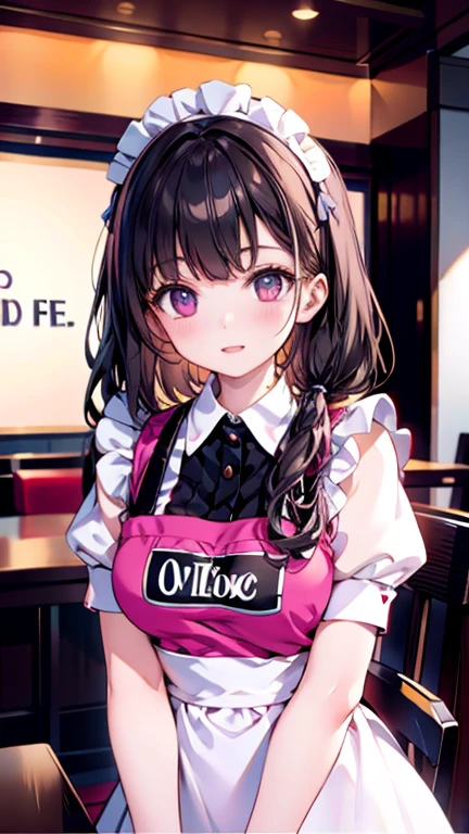 ((masterpiece)), (top-quality), (detaileds), A 3D render of a digital avatar of a maid girl with a pink uniform and a white apron. She has black hair and wears a white collar. (holding a sign that says "Welcome to DX cafe!":1.5) .The background is a classic cafe with an antique counter, a few chairs, and a plant. The floor is tiled.