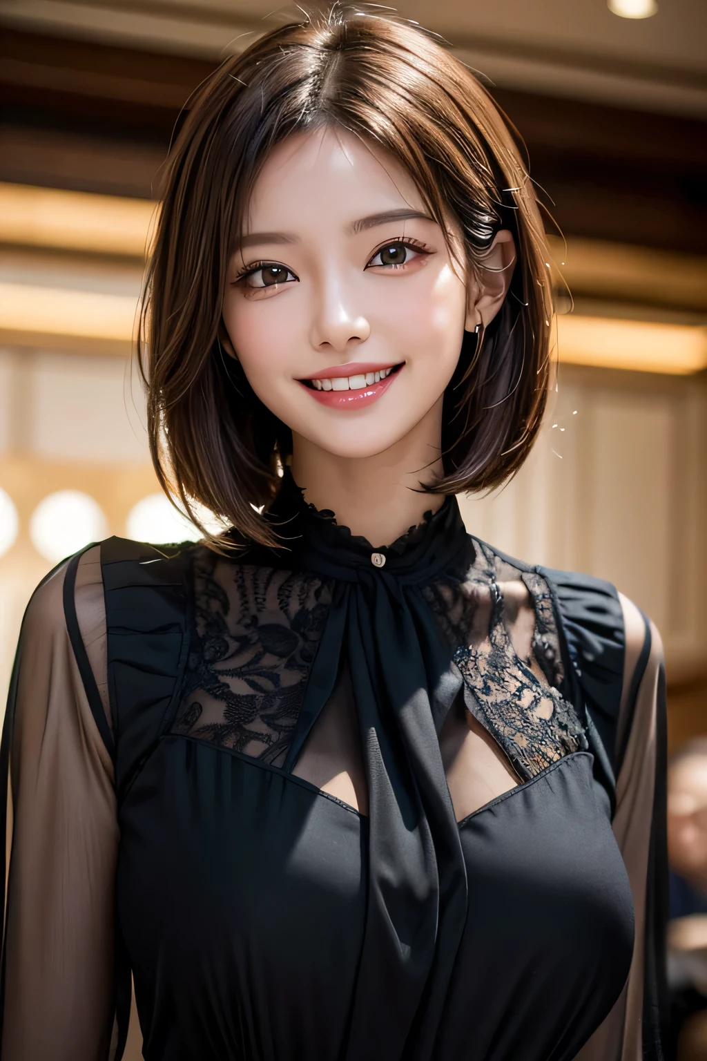 ((masterpiece)), ((Highest quality)), ((Complex)), ((Surreal)), (Realistic), (Mature Woman), ((There are no classes)), Very detailed, (1 female), Beautiful and exquisite, (Beautiful Teeth), Grin, Brunette bob hair, Brown eyes, ((blouse)), (Upper Body), ((background:none)), Perfect Eyes, Captivating eyes, Looking at the audience