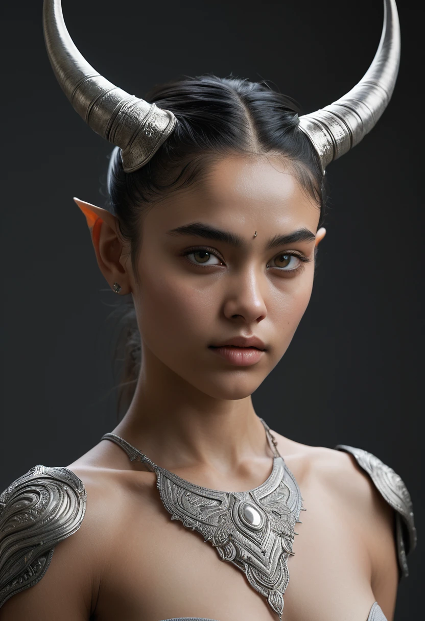 A hyper-realistic image of a female Karnathi humanoid character, closely resembling the provided 3D model. The character stands at approximately 1.8 meters tall with a light gray skin tone that has a smooth, almost metallic texture. Her body is athletic, with well-defined muscles, highlighting her strength and agility. Facial Features and Horns: Her face is defined by sharp, angular features with a pronounced jawline and high cheekbones. She has distinct bony protrusions on her forehead, resembling small, crown-like horns. These horns curve slightly backward and are a prominent feature of her anatomy. The facial expression is serious, reflecting her stern and focused demeanor. Her eyes are deep-set and intense, with a piercing gaze that conveys both intelligence and determination. Body Details: Her body is adorned with light gray bone-like scales that are visible on her shoulders, upper chest, and forearms, providing a subtle contrast to her lighter skin tone. These scales are smooth and minimal, accentuating her alien nature while maintaining a humanoid appearance. Additional bony protrusions are present on her back and thighs, seamlessly integrated into her body structure. Clothing: She is dressed in minimal clothing that consists of dark-toned undergarments, which contrast with her light skin and emphasize her athletic build. The clothing is simple and functional, designed to offer coverage while showcasing her physical form. The textures and folds of the fabric should appear realistic and naturally conform to her body. Pose and Expression: She stands in a neutral position with her arms slightly outstretched, as if ready for action, while maintaining a balanced posture. Her expression is focused, with a slight furrow in her brow, giving her an intense and commanding presence. Background: The background should be neutral, focusing all attention on the Karnathi character. The lighting is soft, yet sufficient to highlight the intricate details of her skin, scal