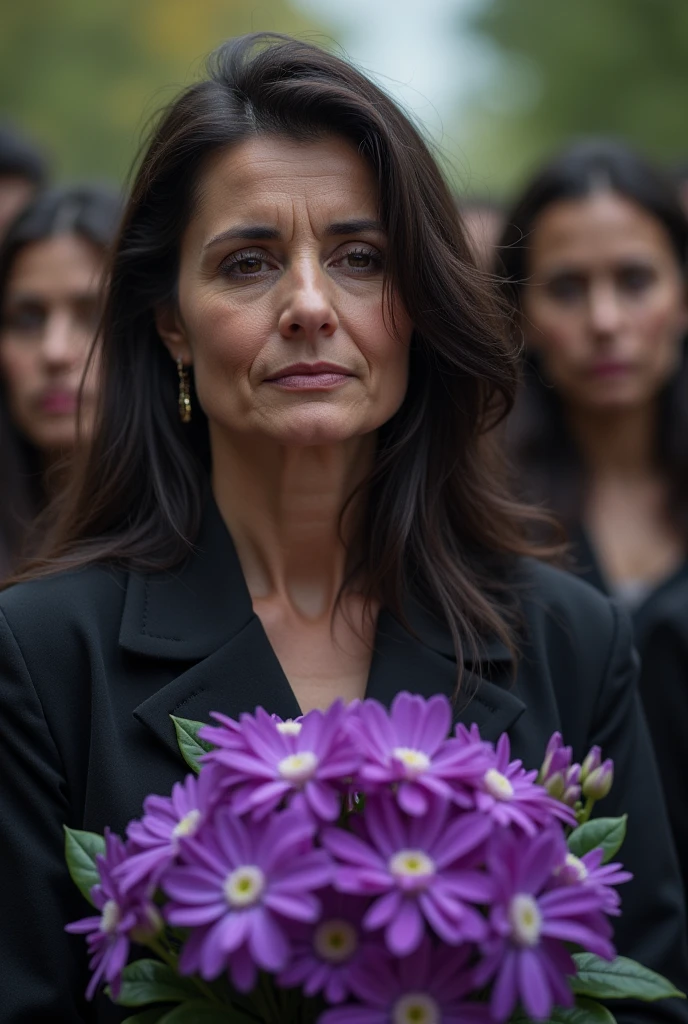**Photographic description of the scene, 20-year-old soldier returning home from B-F-P-O We have a bouquet of chrysanthemum purple flowers To decorate the wake. image of the mother Mourning, The weather is warmer in the summer, This photograph captures the deep sadness of the 20-year-old soldier's mother, the shy support of her entourage, and the somber and solemn atmosphere of the funeral ceremony.