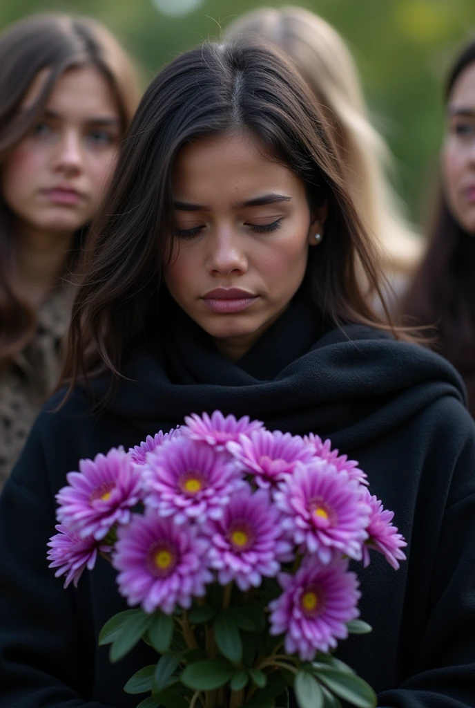 **Photographic description of the scene, 20-year-old soldier returning home from B-F-P-O We have a bouquet of chrysanthemum purple flowers To decorate the wake. image of the mother Mourning, The weather is warmer in the summer, This photograph captures the deep sadness of the 20-year-old soldier's mother, the shy support of her entourage, and the somber and solemn atmosphere of the funeral ceremony.