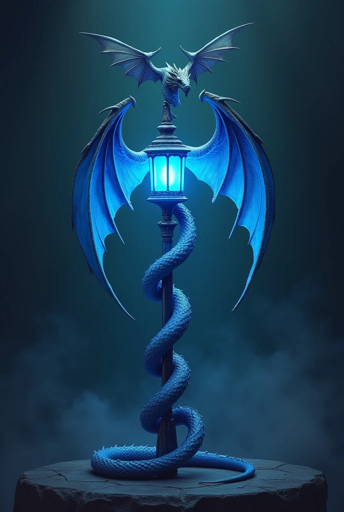 A cane with a lantern that shines blue,a dragon with wings above the black lantern,below coiled around the staff another dragon in the form of a snake undefined,