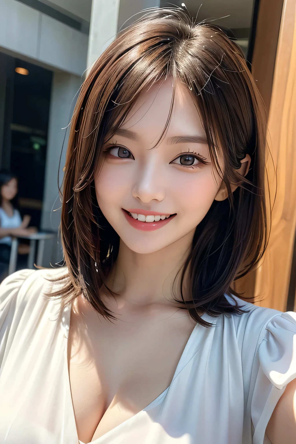 ((masterpiece)), ((Highest quality)), ((Complex)), ((Surreal)), (Realistic), (Mature Woman), ((There are no classes)), Very detailed, (1 female), Beautiful and exquisite, (Beautiful Teeth), Grin, Brunette bob hair, Brown eyes, ((blouse)), (Upper Body), ((background:none)), Perfect Eyes, Captivating eyes, Looking at the audience