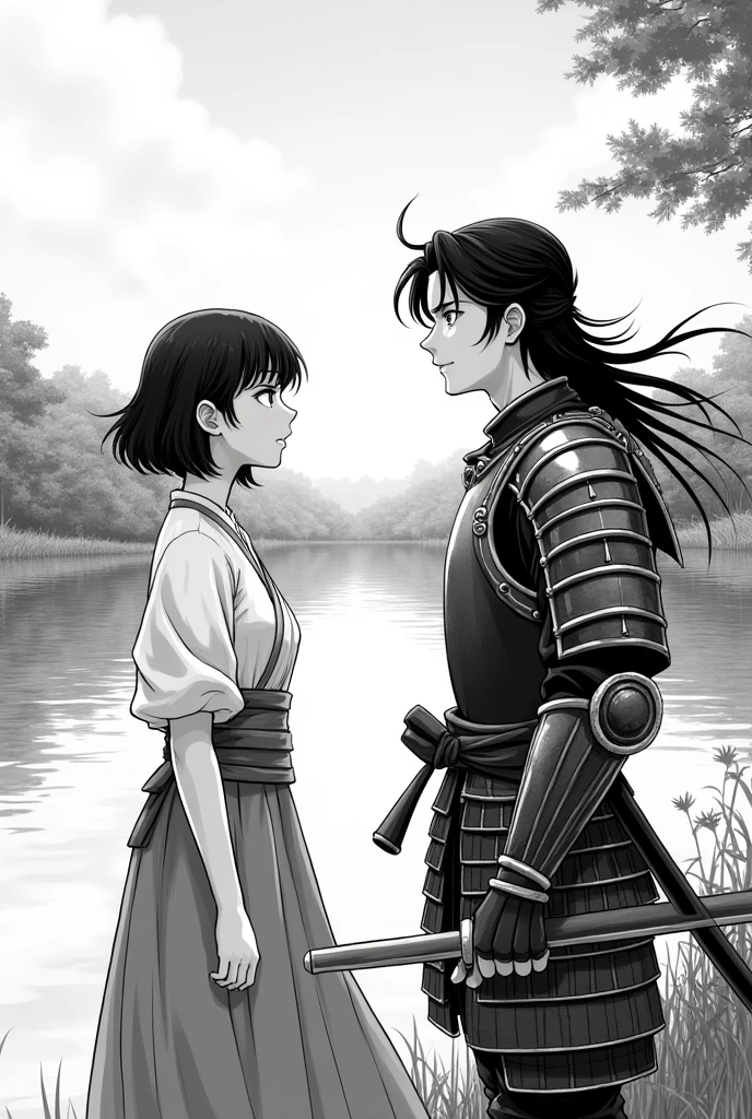 Create a young male character in black and white Japanese manga style, with long hair, samurai armor without helmet, talking to a girl with short hair at a lake