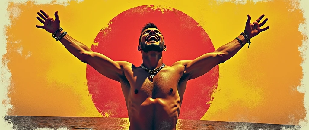 a cinematic, high-contrast, distressed, vintage t-shirt print design with a punk twist, featuring a proud, 40-year-old Russian soldier from the Ho Chi Minh Army, with a short, flat mohawk and a goatee, laughing jubilantly to the sky with bold, dynamic, and victorious hands gestures, his eyes closed, and his face contorted in a strong, confident, and triumphant expression, set against a clean, gradient background that subtly graduates from a deep, rich yellow center to a warm, vibrant red background, evoking the colors of the Vietnamese flag, with the bold, vintage-style title "VIVA SANTOS!" emblazoned in a curved line, in a faded font with rustic, worn edges, placed prominently in front of the soldier, creating a central focal point, while the soldier's swimwear accurately reflects the surfer's style, all blending into the aged, aesthetically faded edges of the design.