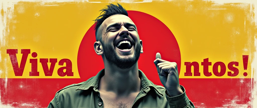 a cinematic, high-contrast, distressed, vintage t-shirt print design with a punk twist, featuring a proud, 40-year-old Russian soldier from the Ho Chi Minh Army, with a short, flat mohawk and a goatee, laughing jubilantly to the sky with bold, dynamic, and victorious hands gestures, his eyes closed, and his face contorted in a strong, confident, and triumphant expression, set against a clean, gradient background that subtly graduates from a deep, rich yellow center to a warm, vibrant red background, evoking the colors of the Vietnamese flag, with the bold, vintage-style title "VIVA SANTOS!" emblazoned in a curved line, in a faded font with rustic, worn edges, placed prominently in front of the soldier, creating a central focal point, while the soldier's swimwear accurately reflects the surfer's style, all blending into the aged, aesthetically faded edges of the design.