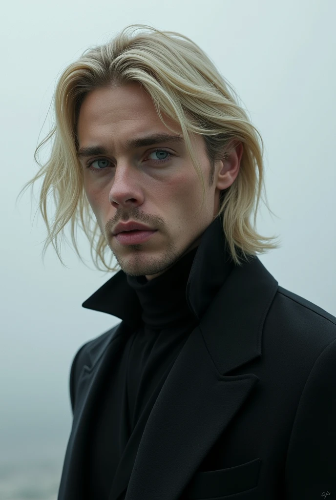 Make me a man, with fine features and grey eyes, with straight blonde hair with a challenging look 