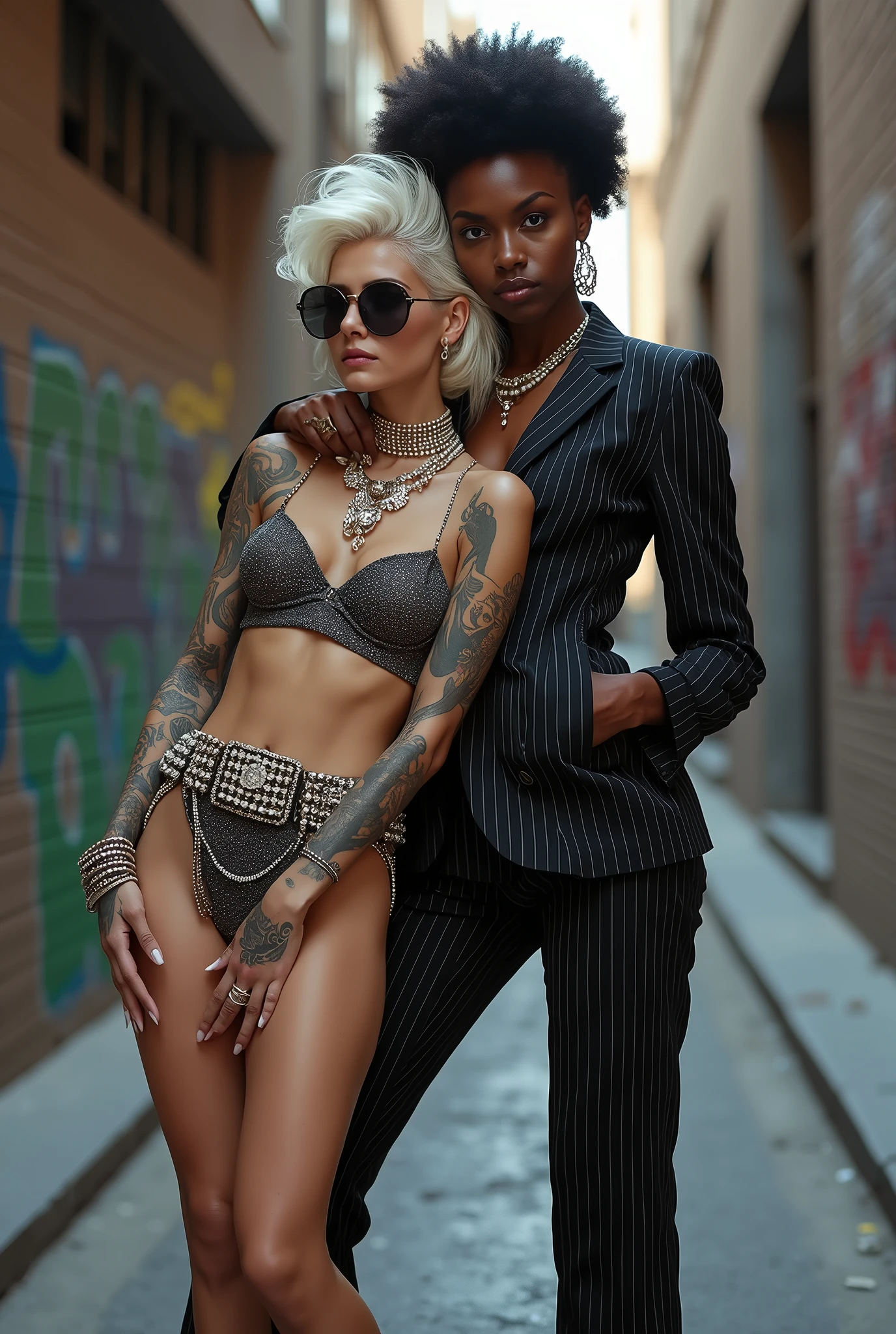 Two russian old milf women: the dominant aggressive dark skinned black woman in business pinstripe suit (jacket and trousers), black heeled shoes long ,nails and afro hair, standing up with separated legs and possessive stance showing off her new white girlfriend to the camera (hands on her white girlfriend's neck). Next to her, her white rich drunk girlfriend looks at the camera (white woman is very pale: pale face, pale neck, pale chest, pale arms, pale hands, pale stomach, pale leg), white woman stretches her neck and looks at the camera. White woman: both hands on her hips. white woman leans on her girlfriend , feeling needy. white woman is being seduced. White woman stands up with separated legs, White woman"s body is twisted and unstable, the hands of white woman are on her belt. White woman wears low rise back sequins mini skirt and stockings, platinum blonde hair (pouf, top bun, saved sides, wide colourful bandana as headband) and oversized square sunglasses as headband. Big lips with no makeup. White woman wears Black studded leather push up bra and has big breasts. Barefoot.. Lots of thick wide studded bracelets in the wrists of the white woman, big pearl necklaces around the neck of the white woman, and big rings, Pearl earrings. Wide loose studded belt with big solid buckle. Loose chains and studded belts around the hips of the white woman. White woman is lazy, leaning on her girlfriend.. The white woman is densely tattooed on neck, tattoed chest, tattoed arms, tattoed stomach, tattoed legs, wrists and feet. White woman has well Toned abdominals, thin neck, slim legs and thin arms. White woman has Narrow hips and noticeable tigh gap. The body of the white woman is twisted in a lazy posture. Full body. On a narrow street with graffitied walls