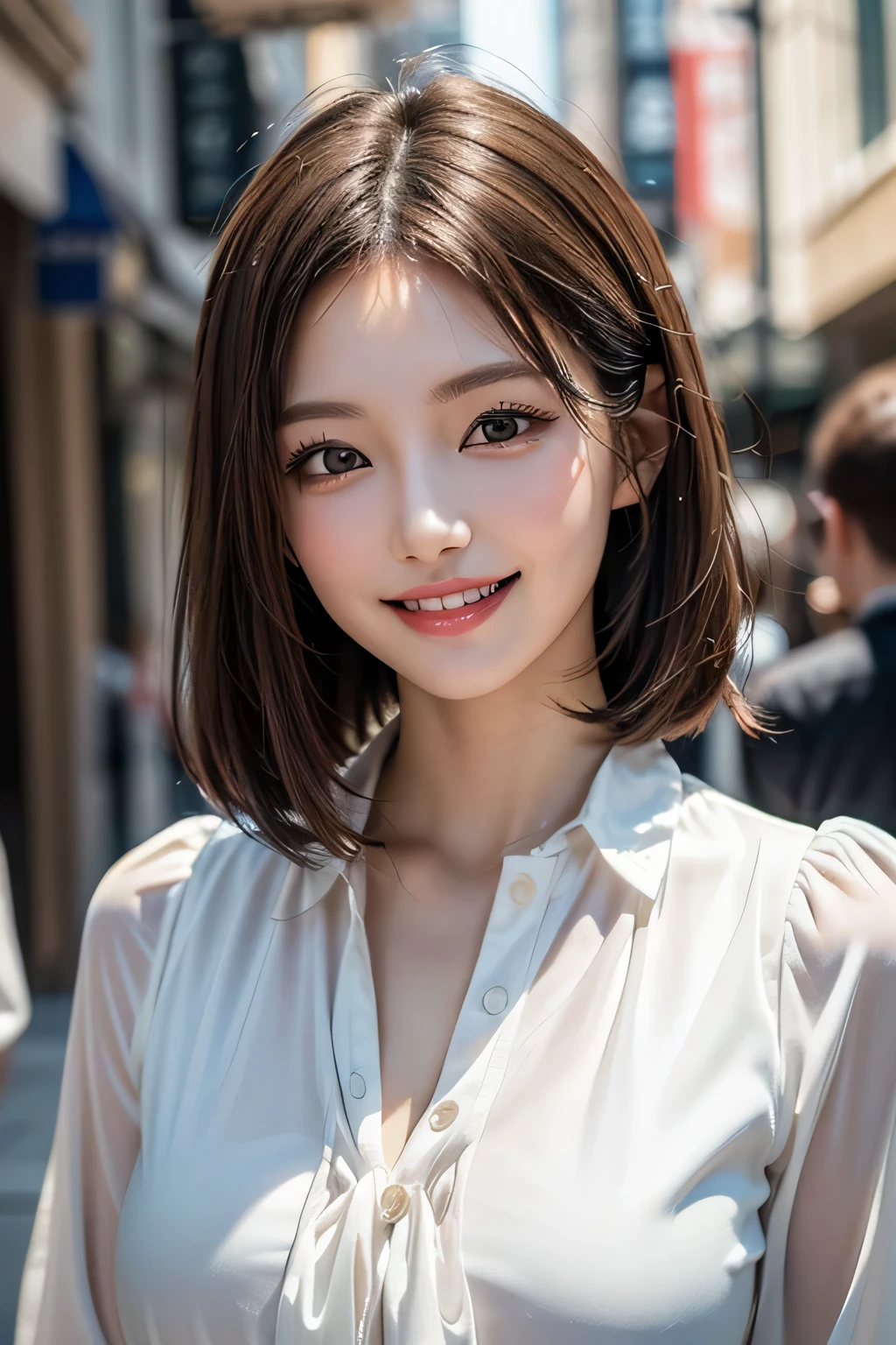 ((masterpiece)), ((Highest quality)), ((Complex)), ((Surreal)), (Realistic), (Mature Woman), ((There are no classes)), Very detailed, (1 female), Beautiful and exquisite, (Beautiful Teeth), Grin, Brunette bob hair, Brown eyes, ((blouse)), (Upper Body), ((background:none)), Perfect Eyes, Captivating eyes, Looking at the audience