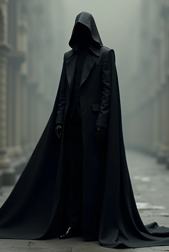 a black coat with a long cape that almost reaches the floor, a hood to cover the head, and a cool style