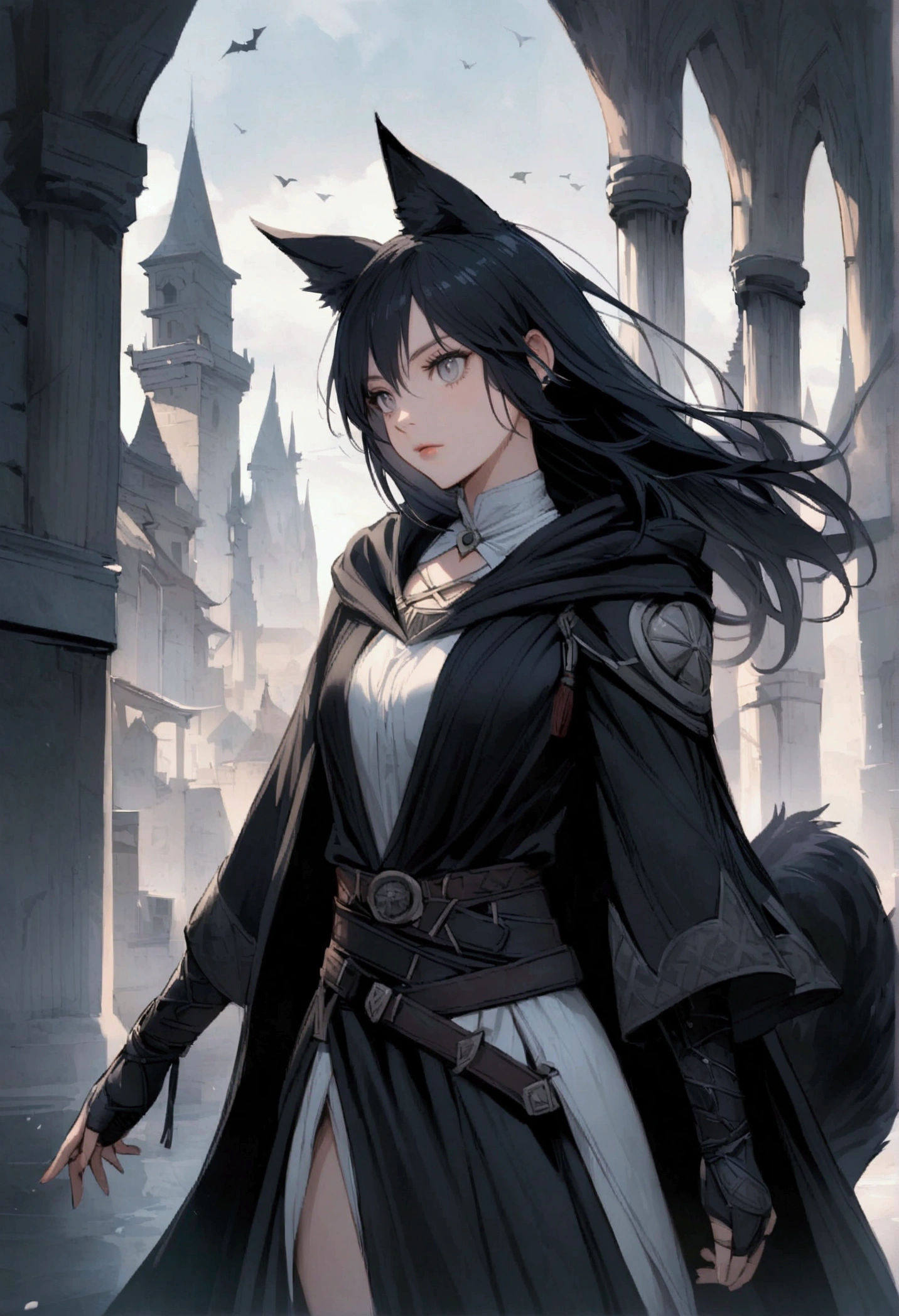 Female person, having black assassins robes from assassin creed, black hair, black wolf ears, black wolf tail, at the age of 18, with grey eyes, in a fantasy world