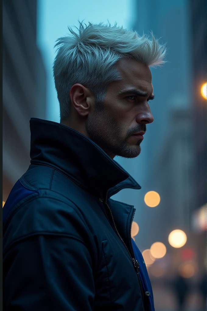 Image for cell phone wallpaper, man with white hair, black clothes with blue details, looking in profile to the right of the image, passionate look, dark shaped eyes, brunette skin, dimmed background lights, dark colours, background of buildings and streets