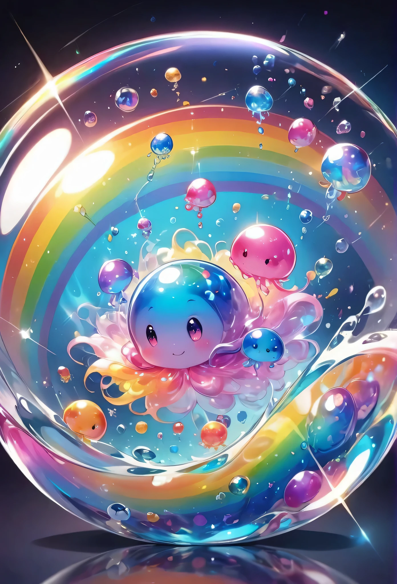 Cute aliens, All in one, Tiny nuclei that shine in fantastical rainbow colors,and a completely melted jelly fusion, Very transparent material, High viscosity, Elasticity due to surface tension, Holographic sparkling reflections, Create an engaging impression on your audience