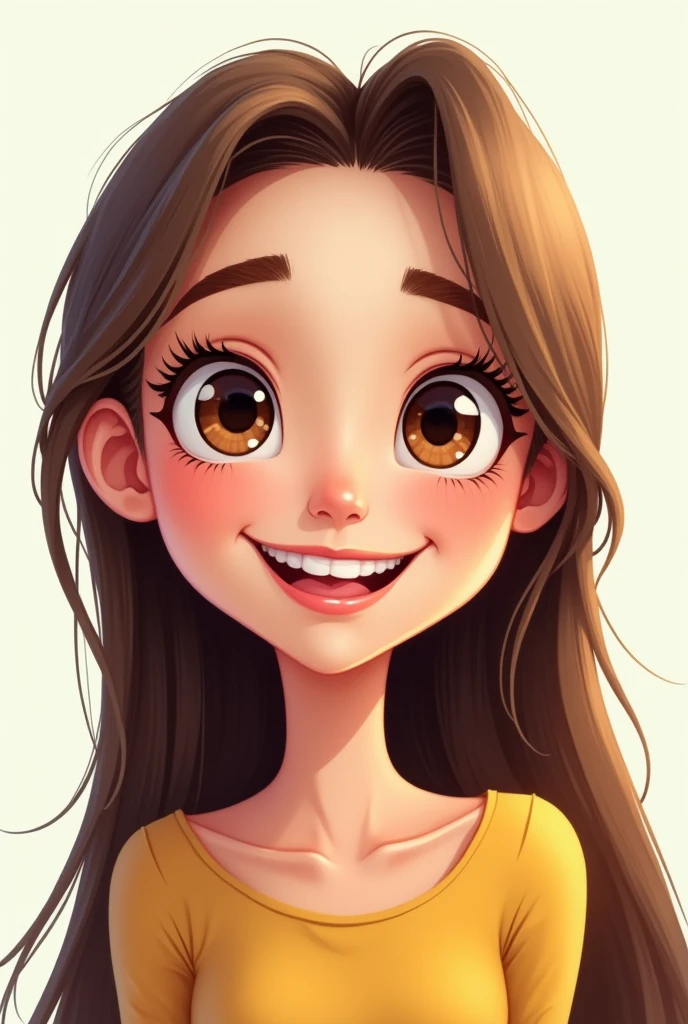 A cartoon white woman, lively,thin with light brown eyes, straight brown hair, long eyelashes