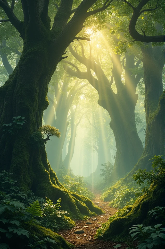 image of a mystical forest at dawn, with sunbeams shining through the trees