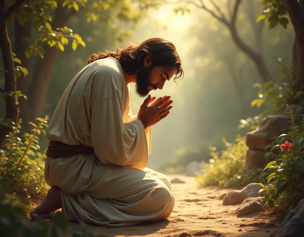 We need an image in which Jesus is sitting on his knees with his head down and folded hands and remembering God. High quality beautiful background 