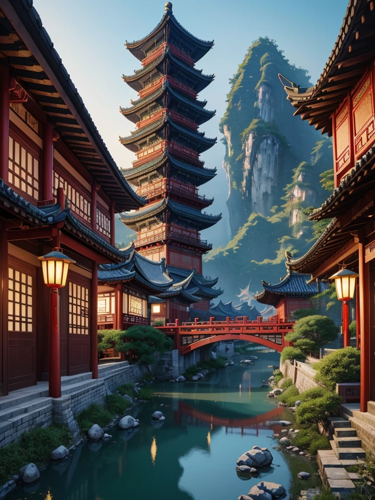 Painting of a Chinese village with a bridge over the river, Ross Tran. picturesque background, digital painting of pagoda, Cyberpunk Chinese ancient castle, A dreamy Chinese town, Highly detailed digital painting, very detailed digital painting, Detailed decorations - width 672., wlop and Ross Tran, detailed painting 4k, detailed digital concept art, Highly detailed digital image