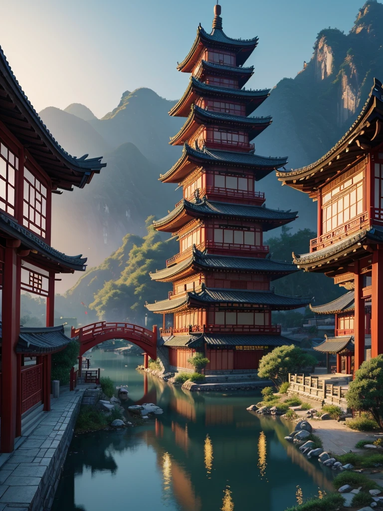 Painting of a Chinese village with a bridge over the river, Ross Tran. picturesque background, digital painting of pagoda, Cyberpunk Chinese ancient castle, A dreamy Chinese town, Highly detailed digital painting, very detailed digital painting, Detailed decorations - width 672., wlop and Ross Tran, detailed painting 4k, detailed digital concept art, Highly detailed digital image