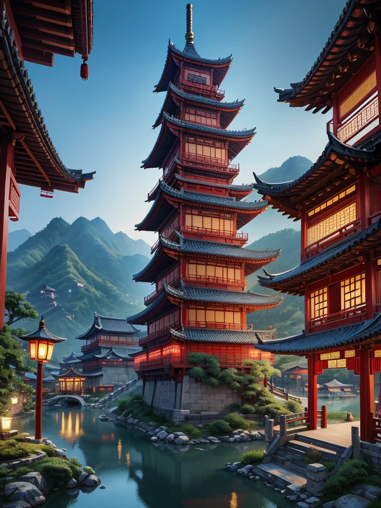 Painting of a Chinese village with a bridge over the river, Ross Tran. picturesque background, digital painting of pagoda, Cyberpunk Chinese ancient castle, A dreamy Chinese town, Highly detailed digital painting, very detailed digital painting, Detailed decorations - width 672., wlop and Ross Tran, detailed painting 4k, detailed digital concept art, Highly detailed digital image