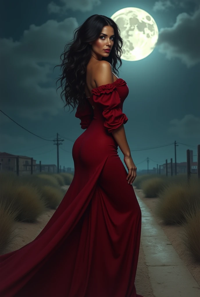 Spanish dark brunette woman, age 45, sensuous, big bust, rosto sensuous, red mouth, dark brown wavy hair down to the butt, large and gluteal, long red dress, at an empty crossroads, full moon at night