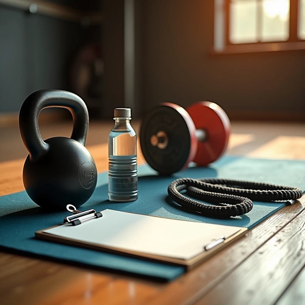 Hyperrealistic close-up of a kettlebell, a paper clipboard, a water bottle, a skipping rope and a 10kg weight plate on a yoga mat in a gym with a wooden floor. The scene is shot from a low angle with a 50mm f/1.8 lens, in soft orange natural light. The background is blurred, focusing on the kettlebell and the clipboard with the white sheet of paper, with subtle reflections on the wooden floor.