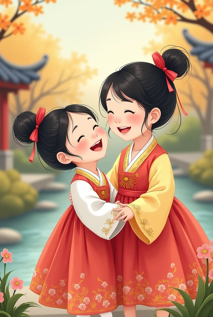 Korean style image of a family of 2 daughters
