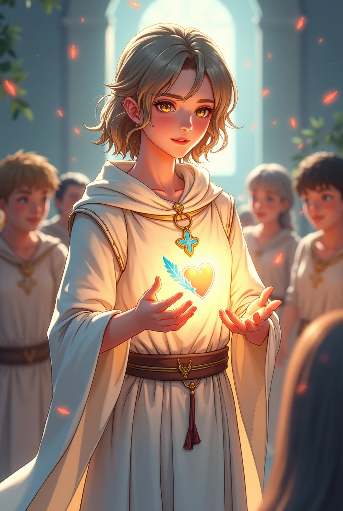 a young half-elf man with delicate, feminine features and shoulder-length light brown hair.
wearing white medieval clothing with a symbol of a light blue feather over a red heart drawn on the clothes at chest height.
emitting light from hands to heal injured people in medieval anime cartoon style